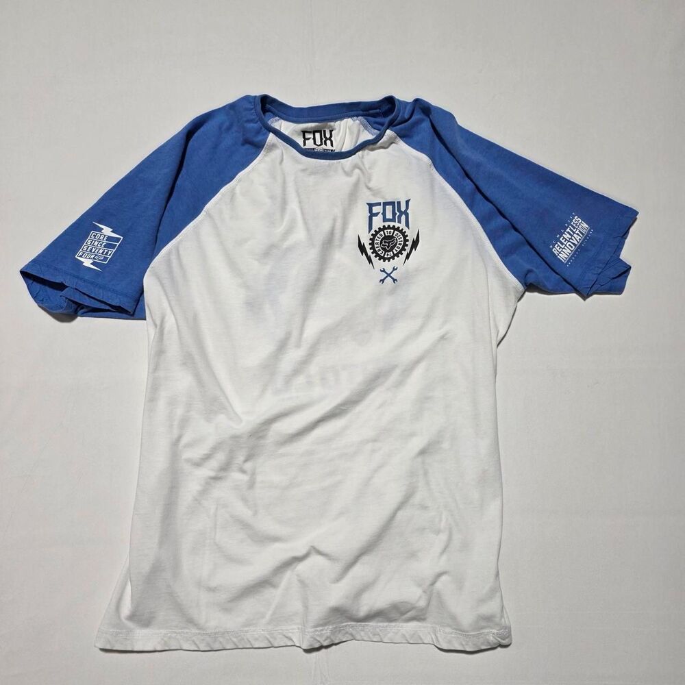 Fox Racing blue and white raglan tee with logo on front and back men's size XL